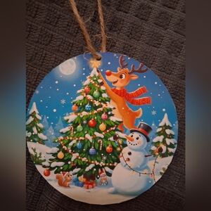 Festive Holiday Ornament with Reindeer and Snowman